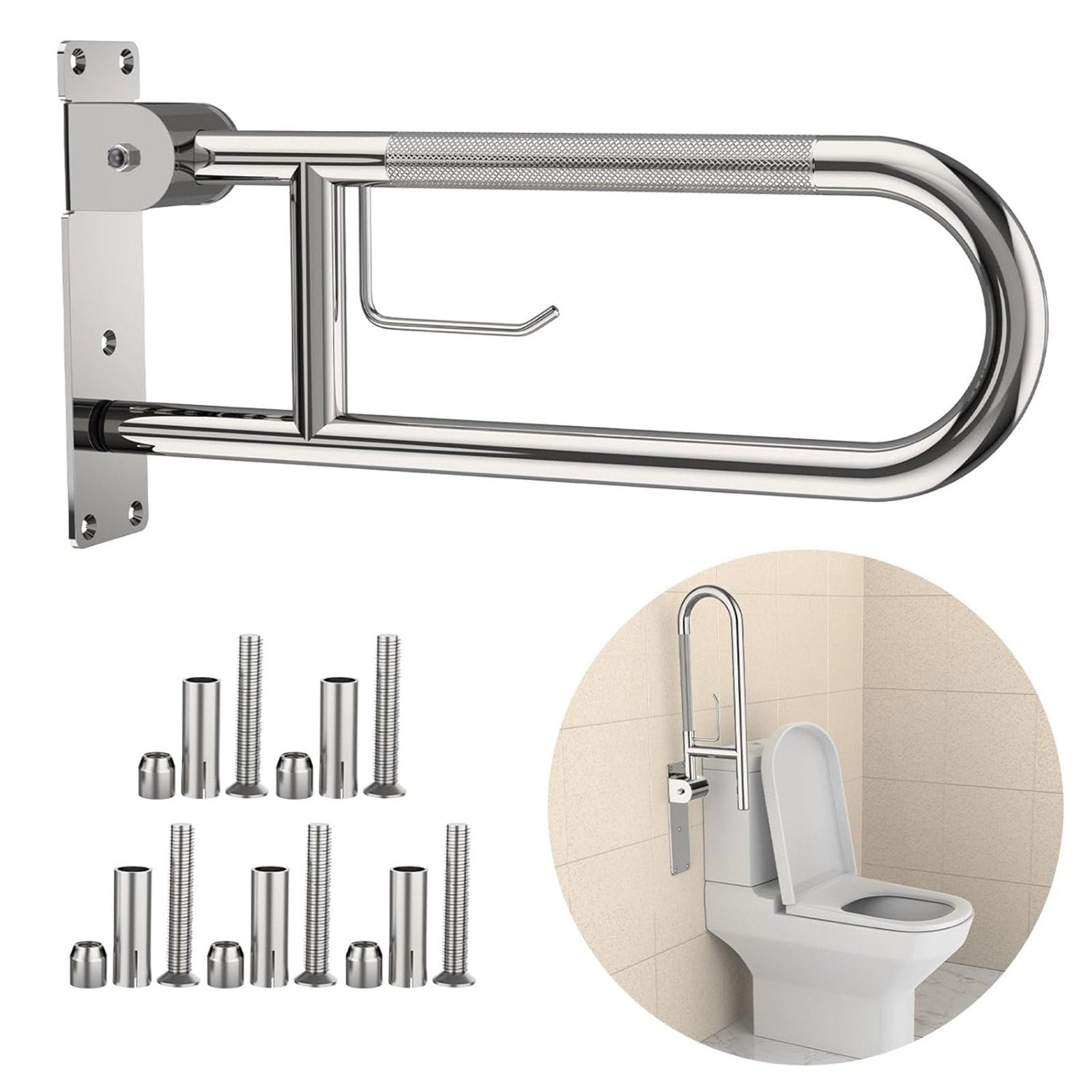 Toilet Grab Bar 22” Flip Up Grab Bar Paper Holder, Polished Chrome Anti-Slip Safety Bars for Toilet, Stainless Steel Knurled Toilet Handles for Seniors Disabled Elderly Pregnant YuanDe